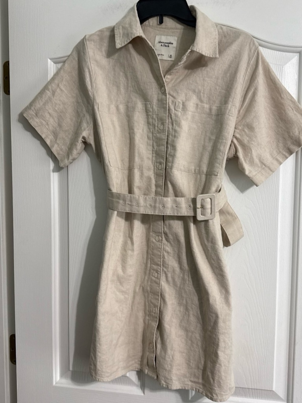 Abercrombie & Fitch Neutral Cream Button-Front Mini Dress with Belt